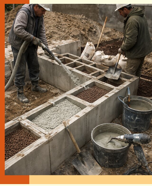 Заполнение полостей фундамента в Муроме герметичным утеплением и повышением прочности